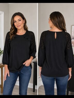 Anne Klein black top with lace shoulders edged with small ruffle. XL. NWOT